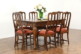Country French Provincial Antique Oak Dining Set Table & Leaves, 6 Chairs #35599
