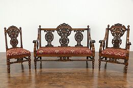 Renaissance Antique Oak 3 Pc Salon Parlor Set Loveseat or Settee 2 Chairs #35922