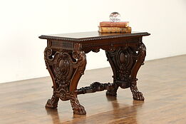 Walnut Antique End Table or Bench, Carved Lion Paws #36864