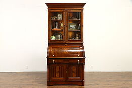 Victorian Eastlake 1880 Antique Walnut Roll Top Secretary Desk & Bookcase #35398