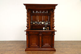 German Antique Walnut & Burl Back Bar Cabinet, Server or Sideboard #36453