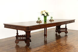 Victorian Eastlake Antique Walnut Banquet Dining Table, Extends 16' #34515