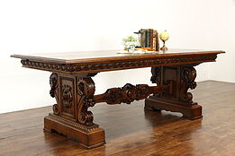 Renaissance Carved Antique Italian Walnut Dining or Library Table, Desk  #36028