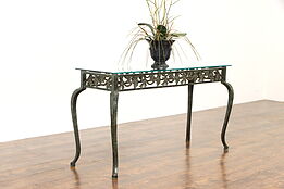 Wrought Iron Vintage  Hall or Sofa Table, Grapevine Motif, Beveled Glass #37265
