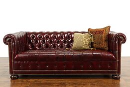 Chesterfield Tufted Leather Vintage Sofa, Brass Nail Head Trim #37916