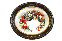 Victorian Antique Handcrafted Folk Art Wedding Wreath, Wool Yarn Flowers #38555
