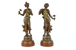 Pair of French Art Nouveau Antique Women & Flowers Sculptures, Causse #39282