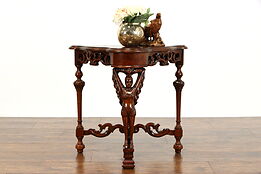 Walnut Vintage Carved Figural End, Hall or Lamp Table, Signed Amfurnoco #36870