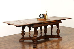 Renaissance Carved Oak Antique Dining or Library Table, Extends 8 1/2' #38480
