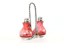 Victorian Antique Cranberry Glass Salt & Pepper Shakers Silverplate Stand #34200