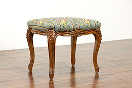 Country French Antique Carved Fruitwood Bench or Stool, Needlepoint #38730