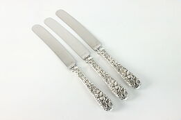 Set of 3 Sterling Kirk and Son Long Dinner Knives, Repousse Silver, 9.5" #38897