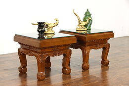 Pair of Vintage Elephant Carved Teak Glass Top End or Lamp Tables #38363