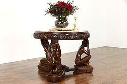 Art Deco Antique Hall, Coffee or Lamp Table, Carved Sculptures Marble Top #38465