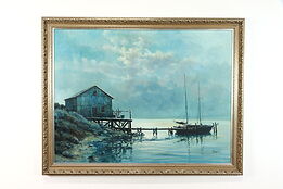 Fishing Shack & Boat Vintage Original Oil Painting, Braun 54.5"  #39151