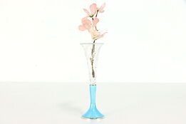 Art Deco Antique Cut Crystal Bud Vase Blue Enamel Sterling Silver Base 6" 39259