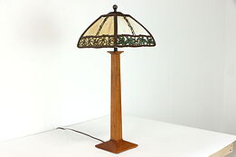 Stickley Cherry Table or Desk Lamp, Antique Curved Stained Glass Shade #39262