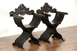 Savonarola 1890 Antique Pair of Italian Walnut Folding Chairs, Carved Crest