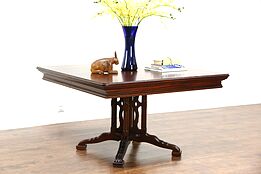 Square 48" Antique 1900 Breakfast, Dining or Hall Table, Carved Pedestal