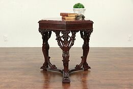 Marble Top Antique Hexagonal Chairside, Lamp or End Table, Carved Figures #29309