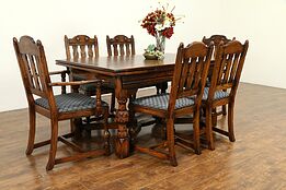 Oak English Tudor Antique 1920 Dining Set, Table, 2 Leaves, 6 Chairs #31223