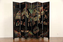 Chinese Coromandel Hand Painted Lacquer Vintage 6 Panel Screen