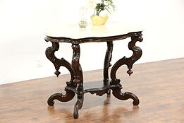 Victorian 1860 Antique Marble Turtle Top Carved Walnut Lamp Table