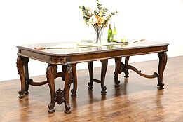 Renaissance Carved 1925 Banded Dining Table, 3 Leaves, signed Johnson Handley
