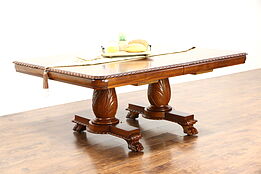 Empire Antique 1915 Hand Carved Dining Table, 4 Leaves, Extends 10'