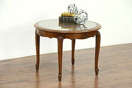 Oak Carved Round Vintage Coffee Table, Cane & Glass Top, France