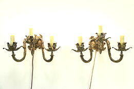 Pair of Brass 1910 Antique Triple Candle Wall Sconce Lights
