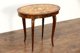 Italian Sorrento Marquetry Vintage Chairside Table, Reuge Swiss Music Box