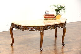French Style Carved 1940's Vintage Coffee Table, Rose Marble