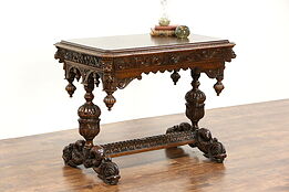 Oak Antique 1880 Library or Hall Table Writing Desk, Carved Dolphins & Gargoyles