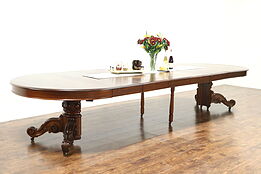 Victorian Antique 1890 Walnut Round 57" Dining Table & Leaves, Extends 13' 9"