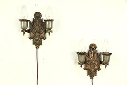 Pair Art Deco Lights 1930 Vintage Bronze Wall Sconces, Signed ISCO #29971