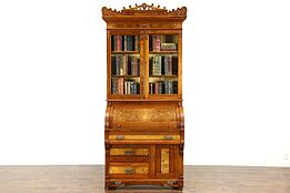 Victorian Eastlake 1885 Antique Cylinder Roll Top Secretary Desk & Bookcase