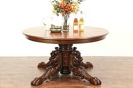 Oak Round 55" Vintage Dining Table, Carved Lion Heads & Paws #29191