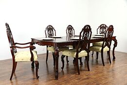 Carved Vintage Dining Set, Table, 6 Chairs, New Upholstery, Romweber #30821