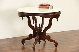 Victorian Oval Antique 1870's Pedestal Parlor Lamp Table, Marble Top
