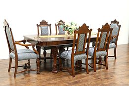 Renaissance Antique Dining Set, Table, 6 Chairs New Fabric Signed Johnson #28826