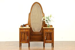 Oak French Art Deco Antique Vanity or Dressing Table, Beveled Mirror #31174