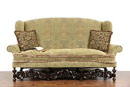 English Renaissance Style Tall Wing Carved Walnut Vintage Sofa, 2 of 2