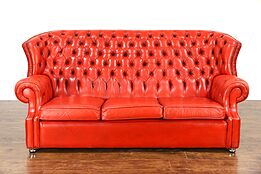 Red Tufted Leather Vintage Scandinavian Traditional Wingback Sofa