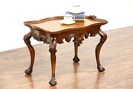 Carved Mahogany Coffee Table, Curly Birdseye Maple Top