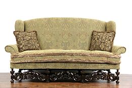 English Renaissance Style Tall Wing Carved Walnut Vintage Sofa, 1 of 2