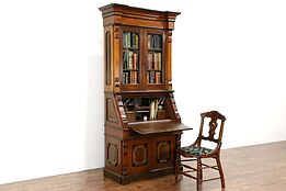 Victorian Renaissance 1860 Walnut & Burl Library Secretary Desk & Bookcase