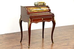 French Antique 1920 Secretary Writing Desk, Hand Painted Roll Top