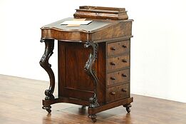 Ship Captain or Antique Walnut Davenport Desk, Tooled Leather, England #28834