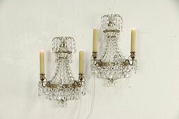 Pair of French Brass Vintage Wall Sconce Lights, Crystal Prisms  #30114